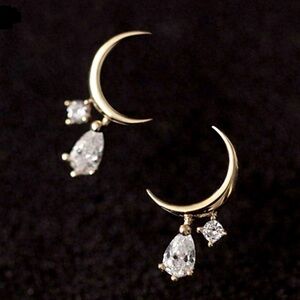 “Tears from the Moon” Crescent Sliver Dripping Crystals Swarovski Tiny 14K Studs